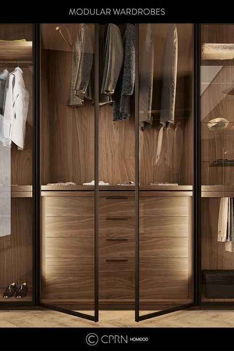 Infinity modular wardrobe system with Vision glass doors with metal structure. #cprnhomood #wardrobes #walkincloset Glass Wardrobe Design, Wood Wardrobe Design, Wardrobe Design Bedroom Sliding, Wardrobe Internal, Wardrobe Internal Design, Wardrobe Shutter Design, Wardrobe Laminate, Modern Wardrobe Design, Laminate Design