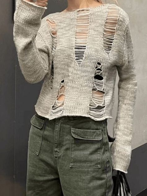 Distressed Sweater Outfit, Loose Knit Jumper, Hollow Sweater, Basic Streetwear, Street Y2k, Distressed Sweaters, Punk Grunge, Vintage Punk, Loose Knit