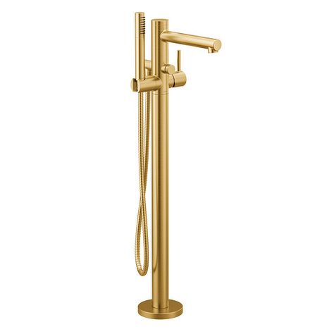 Align Brushed gold one-handle tub filler includes hand shower -- 395BG -- Moen Minimalist Powder Room, Moen Align, Floor Mount Tub Filler, Master Baths, Luxurious Showers, Powder Rooms, Tub Filler, Faucet Handles, Shower Valve