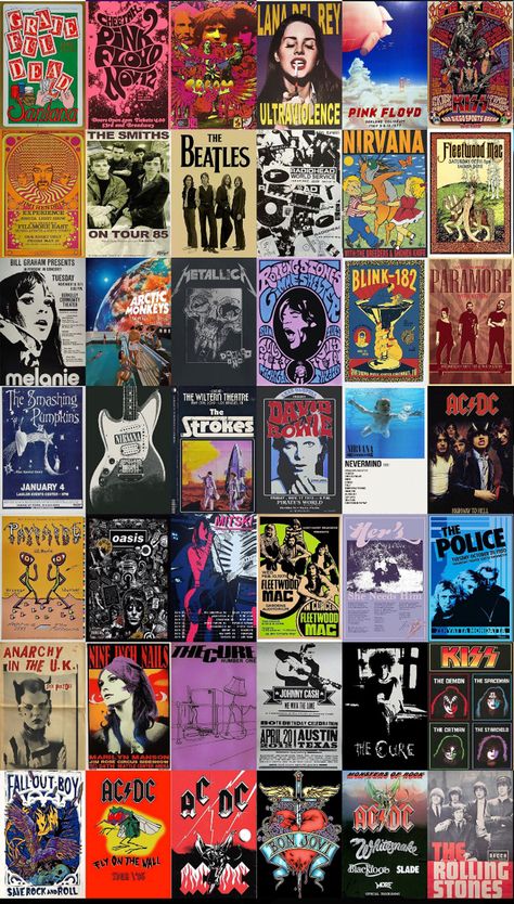 Wall Collage Photo Ideas, Rock Band Posters Aesthetic, Mini Posters Wall, Tiny Posters, Print Out Wall Art, Indie Posters, 90s Stickers, Vintage Band Posters, Small Posters