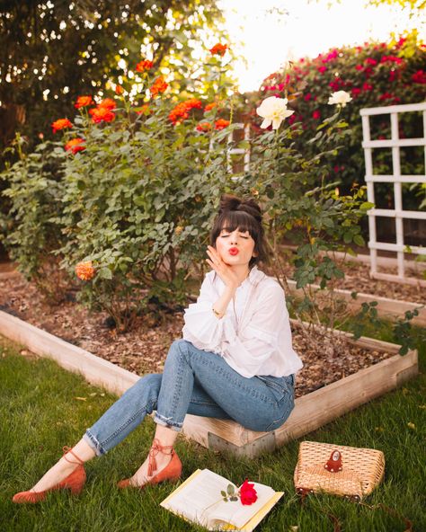 Outfits For Japan, Denim Basket, Garden Outfit, New Darlings, Crisp White Blouse, Coming Up Roses, Gardening Outfit, Spring Is Here, Basket Bag