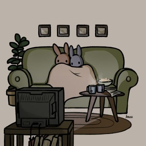 Cozy Aesthetic Illustration, Movie Night Illustration, Watching Tv Illustration, Bunnies Cuddling, Funny Illustration Art, Cosy Movie Night, Cute Animations, Sleeping Illustration, Movie Night Aesthetic