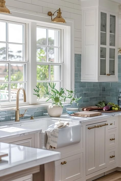 50 Farmhouse Kitchen Backsplash Ideas for Rustic Charm Small Kitchen Farmhouse Sink, White Gold Blue Kitchen, Farmhouse Kitchen Blue Backsplash, Coastal Kitchen White Cabinets, Coastal Galley Kitchen, Kitchen Blue Backsplash Ideas, Aqua Backsplash Kitchen, Teal Backsplash Kitchen, White Cabinets Blue Backsplash