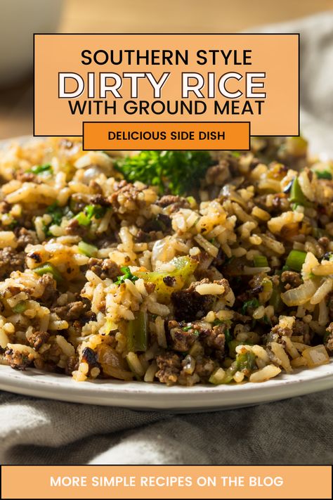 This simple recipe for southern style "Dirty Rice" is made with ground beef and/or pork, fluffy rice, and cajun spices. Sometimes referred to rice dressing. Although traditional dirty rice is made with organ meats, this dish is what most think of when trying to recreate what they had at a southern eatery. Homemade Dirty Rice With Ground Beef, Rice Dressing Cajun, Southern Dirty Rice Recipe, How To Make Dirty Rice, Rice Mix Recipes, Rice Dressing Louisiana, Day Old Rice Recipes, Dirty Rice With Ground Turkey, Rice And Gravy Recipes