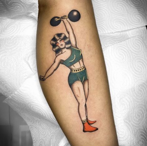 Traditional Strong Woman Tattoo, Circus Strongman Tattoo, Lady Boxer Tattoo, Classic Pinup Tattoo, Weightlifter Tattoo, Waitress Tattoo, Jimmy Snaz, Strongman Tattoo, Lucky Tattoos