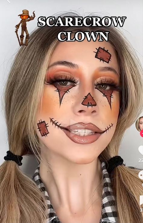 Scarecrow Make Up Ideas For Halloween, Scar Crow Costume Women, Cute Scarecrow Makeup For Women, Female Scarecrow Makeup, Scar Crow Makeup Halloween, Scar Crow Makeup, Scared Crow Makeup, Scary Crow Makeup, Scarecrow Hair Ideas