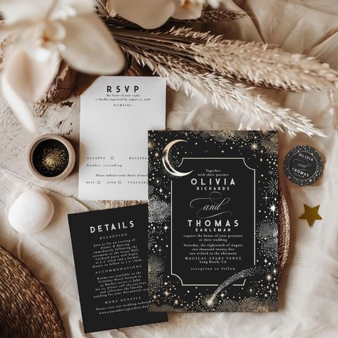 Celestial Starry Night Moon Black Save the Date Black Wedding Photos, Starry Night Moon, Photo Advertisement, Black Save The Date, Celestial Wedding Invitations, Wedding Advertisement, Night Wedding Photos, Galaxy Wedding, Star Celestial