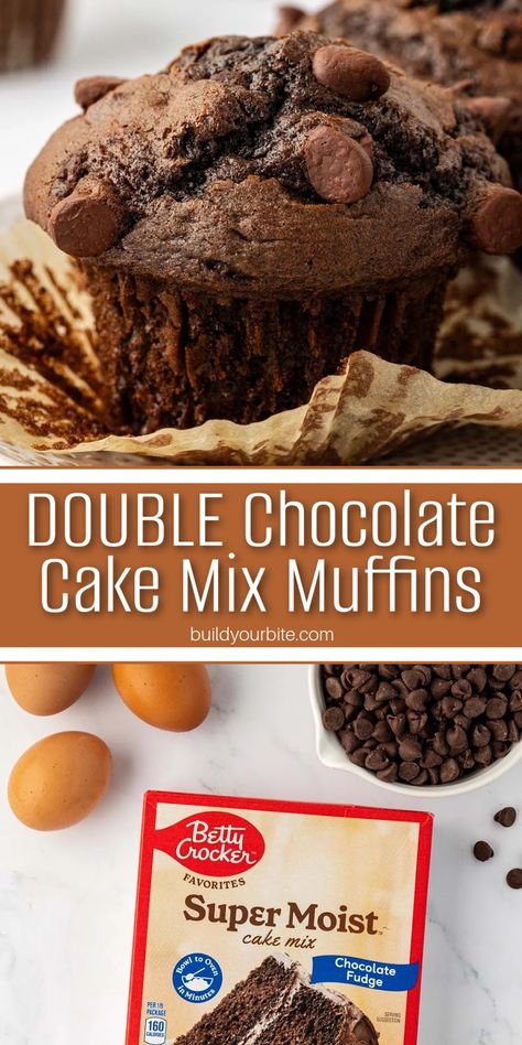 These double chocolate cake mix muffins are fudge and rich and taste like a decadent muffin that you would buy from a bakery. The best part? It only takes a few pantry ingredients and you can have these in the oven in minutes! Cake Mix To Muffins, Box Cake Muffins, Chocolate Cake Mix Bread Recipes, Chocolate Cake Muffins, Cake Mix Breakfast Muffins, Brownie And Cake Mix Together Recipes, Muffin From Cake Mix Easy Recipes, Box Cake Mix Muffins, Brownie Mix Muffins