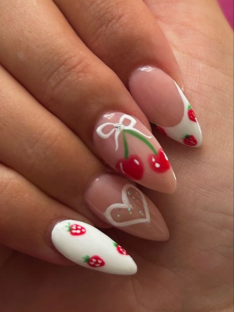 Simple Strawberry Nail Design, Valentines Cherry Nails, Strawberry And Cherry Nails, Nail Fruit Designs, Heart Cherry Nails, Cherry Heart Nails, Cute Cherry Nails, Cherry Nails Designs, Pink Cherry Nails