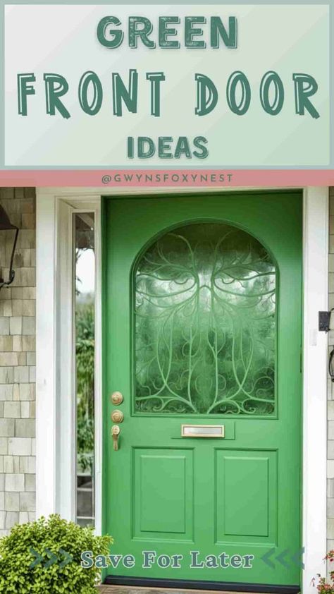 Looking for green front door paint color ideas? Enhance the curb appeal of your home with a stylish green front door. Explore top exterior door colors ideas to choose the perfect shade of green and design that will make a bold statement for your entryway. Emerald Green Doors Front Entrance, Green Front Door Ideas, Green Front Door Paint Colors, Green Entry Door, Green Front Door Colors, Door Paint Color Ideas, Chartwell Green Front Door, Farm Exterior, Green Front Door