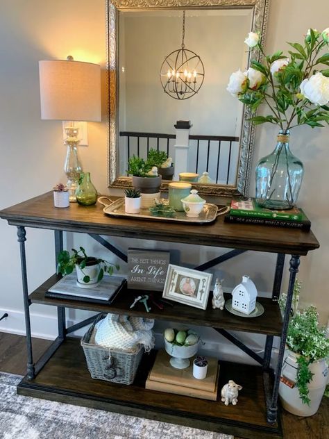 Entry Console Table Decor, Glass Jugs Decor, Rustic Entryway Table, Spring Kitchen Decor, Entry Console Table, Accent Table Decor, Entry Table Decor, Console Table Styling, Console Table Decorating