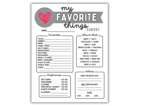 This Templates item by AndersonADesigns has 151 favorites from Etsy shoppers. Ships from United States. Listed on Sep 11, 2024 Teacher Preference Survey, Best Friend Favorite Things List, Staff Questionnaire Favorite Things, Secret Santa Gift Exchange Questionnaire, Gift Questionnaire For Friends, Favorite Things Questionnaire, Favorite Things List Boyfriend, My Favorites Template, My Favorite Things Template