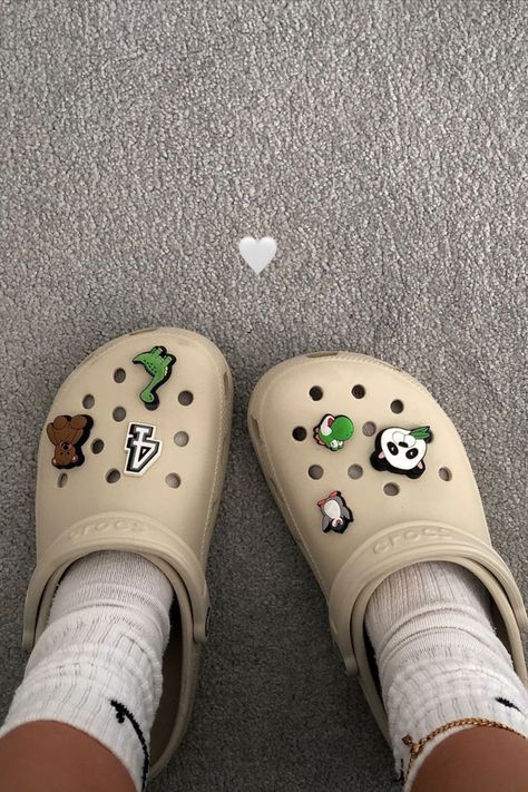 bone crocs | classic clog | beige crocs | jibbitz | croc charms | shoes | vibes | aesthetic | brown crocs | neutral colours | summer shoes Cool Crocs, Crocs Aesthetic, Crocs With Charms, Crocs Outfit, White Crocs, Crocs Fashion, Desain Quilling, Crocs Jibbitz, Dr Shoes