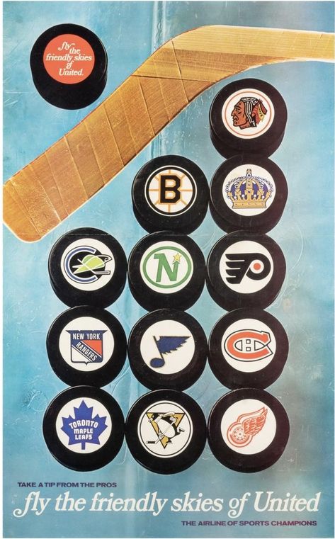 Airline Poster, Hockey Posters, Nhl Teams, Hockey Pucks, United Air, Girl Train, Hockey Logos, Vintage Hockey, Nhl Logos