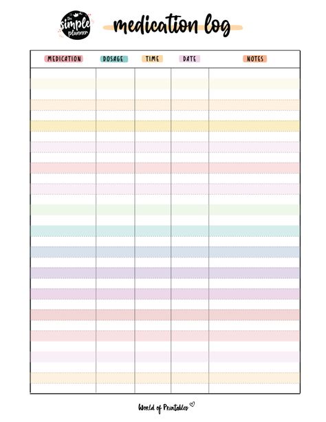 Medication Log - 8 of the Best Templates - World of Printables Daily Medication Log Free Printable, Medication Log Free Printable, Special Needs Binder, Mom Planner Printables Free, Medication Chart Printable, Medication Tracker Printable, Medication Schedule, Work Organizer, Blank Monthly Calendar Template