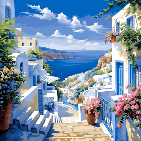 Santorini Greece Painting, Watercolor Digital Art, Greece Painting, Landscape Quilts, Santorini Greece, Digital Art Print, Street Scenes, May 23, Wall D