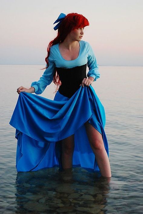 Ariel human form Cosplay | Disney’s The Little Mermaid Little Mermaid Blue Dress, Original Halloween Costumes, Halloween Costumes Women Creative, Easy Couple Halloween Costumes, Ariel Costumes, Ariel Cosplay, Belle Cosplay, Ariel Dress, Couples Halloween