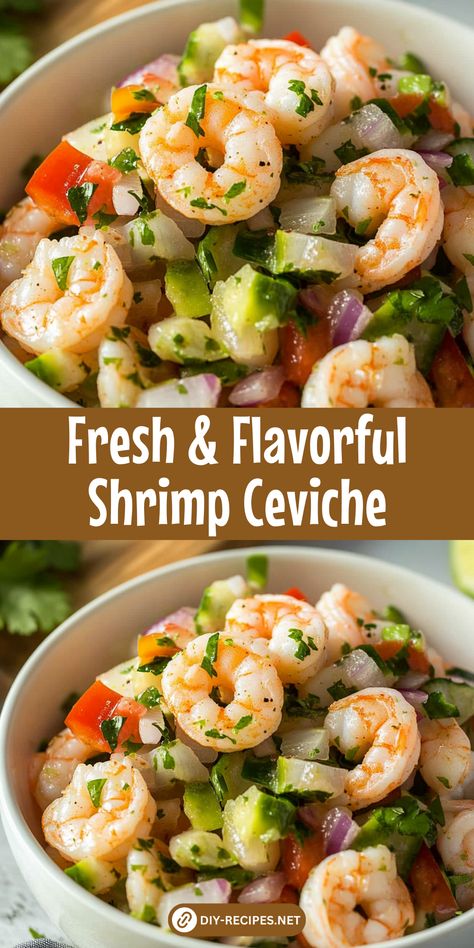 Make this fresh and flavorful Shrimp Ceviche at home! Loaded with shrimp, avocado, and a zesty citrus blend – it’s a crowd-pleaser every time. How To Make Shrimp Ceviche, Civeche Recipe Shrimp, Civeche Recipe, Ceviche Shrimp, Shrimp Snacks, Mexican Shrimp Recipes, Seafood Soups, Shrimp Ceviche Recipe, Hispanic Recipes