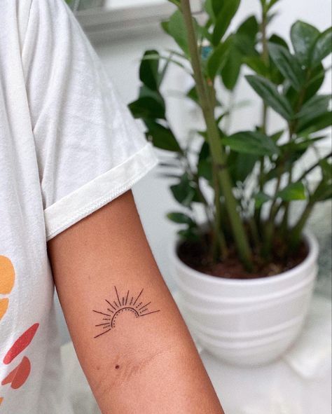 Sunshine Tattoo Back Of Arm, Sun On Back Of Arm Tattoo, Small Rising Sun Tattoo, Sun On Arm Tattoo, Minimalist Sunshine Tattoo, Sun Must Set To Rise Tattoo, Simple Sunshine Tattoo, As The Sun We Always Rise Again Tattoo, Still I Rise Sun Tattoo