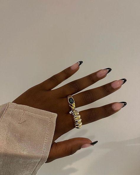 Black Skin Nail Art, Almond Black French Tip Nails, Black French Tip Nails Almond, Dark Feminine Nails, Always Ring, Mood Nails, Rounded Acrylic Nails, Oval Shaped Nails, In A Mood