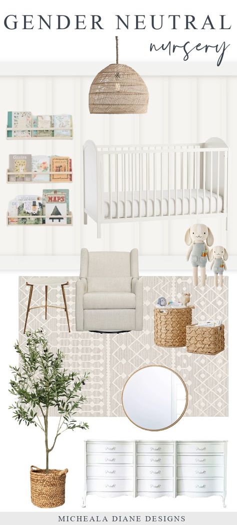 Style board for a gender neutral nursery. Nursery ideas neutral | Nursery Decor | Neutral Nursery Decor | Gender Neutral Nursery Farmhouse #nursery #neutralnursery Modern White Nursery, Gender Neutral Nursery Wall Colors, Neutral Nursery Rug Baby Boy, Neutral Rug For Nursery, Nursery Board Ideas, Safari Neutral Nursery, Square Nursery Layout, Nursery Chandelier Gender Neutral, Neutral Nursery Ideas Small Rooms