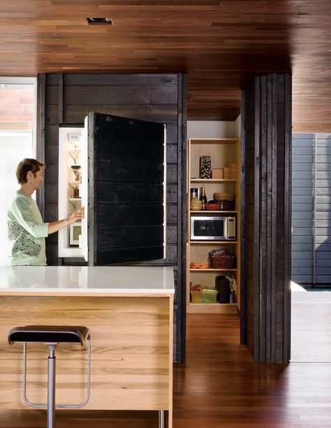 Camouflaged refrigerator Shou Sugi Ban Kitchen, Cedar Interior, Hide Appliances, Japanese Bathroom, Cedar Cladding, Interior Materials, Outdoor Kitchen Appliances, Hidden Kitchen, Hidden Key