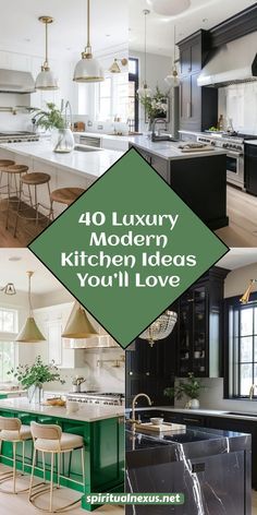 Luxury Green Kitchen Design, Expensive Kitchen Design, High Tech Kitchen Design, Neo Classical Kitchen Design, Modern Kitchen Design Luxury 2025, Modern Lux Kitchen, Modern Kitchens With Islands, White Kitchen With Dark Island, Elegant Kitchen Design Modern