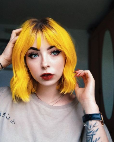 Yellow Vivid Hair, Sunflower Yellow Hair, Yellow And Blonde Hair, Yellow Hair Color Ideas, Mustard Yellow Hair, Hair Color Yellow, Yellow Hair Dye, Lemon Hair, Yellow Hair Color