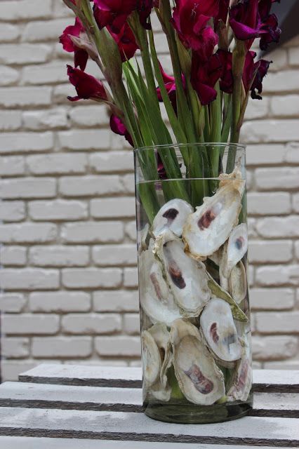 {Oyster Hysteria} Oyster Shell Flower Arrangement - Southern State of Mind About Shucking Time, Oyster Shell Centerpiece, Oyster Themed Party, Oyster Decor, How To Make Oyster Shell Magnolia Flower, Oyster Shell Vase, Oyster Shell Air Plant, Oysters On Half Shell, Oyster Roast Party