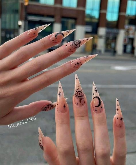 Witch Nails Stilettos, Astrology Nail Designs, Long Stiletto Nails Design Classy, Goth Nails Stiletto, Black Moon Nails, Witch Aesthetic Nails, Rune Nails, Pagan Nails, Pretty Stiletto Nails