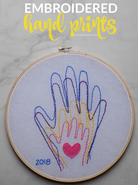 Valentines Crafts For Grandparents, Hand Print Gifts For Grandparents, Handmade Mothers Day Gift, Hand Print Embroidery, Easy Embroidery Gifts, Kids Crafts For Grandparents, Handmade Gifts For Grandparents, Diy Gifts For Children, Mother Daughter Crafts