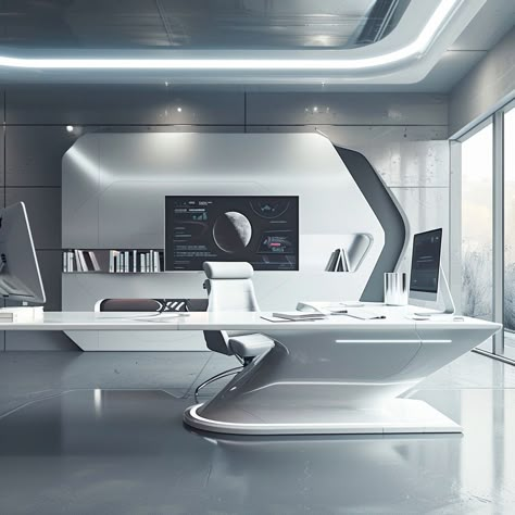 real image, a futuristic office scene with a sleek desk at the center, populate the desk with modern office supplies arranged neatly and ensure there's ample space on the desk for a computer and monitor, color palette should predominantly feature shades of white and gray, aim for a professional yet minimalist ambiance in the image Modern Futuristic Interior Design, Industrial Futuristic Interior, Tech Company Office Design, Futuristic Office Desk, Futuristic Office Building, Futuristic Meeting Room, Scifi Office, Futuristic Home Office, Futuristic Room Ideas