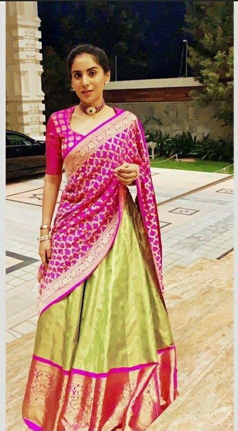 Lehenga Saree Design, Half Saree Lehenga, Pattu Saree Blouse Designs, New Saree Blouse Designs, Wedding Saree Blouse Designs, Lehenga Blouse Designs, Silk Saree Blouse Designs, Half Saree Designs, Long Dress Design