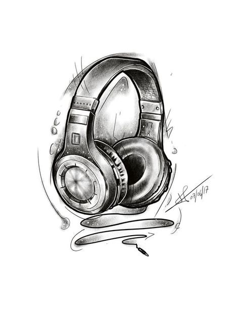 Headphone Tattoo Design, Headphones Tattoo Design, Headphone Sketch, Tato Realis, Music Symbol Tattoo, Dj Tattoo, Headphones Tattoo, Headphones Drawing, Arm Tattoos Drawing