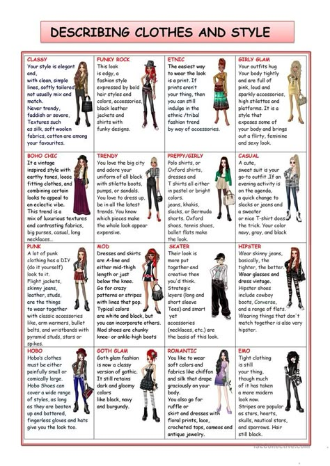 FASHION AND STYLE - English ESL Worksheets for distance learning and physical classrooms Describing Clothes, Mode Style Anglais, English Clothes, How To Have Style, Style Chart, Fashion Words, Fashion Vocabulary, Clothes Style, Words To Describe