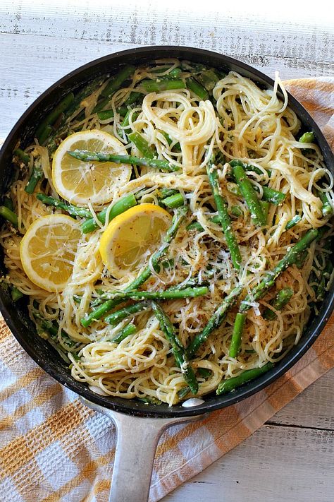 This Angel Hair Pasta with Asparagus and Lemon Cream Sauce is easy and packed with amazing flavor. A wonderful way to enjoy your favorite spring ingredient, asparagus. And with an effortless cream sauce that's made with eggs and milk, this is a luscious yet simple Spring dinner recipe. #pasta #angel #hair #asparagus #lemon #cream #sauce Pasta Angel Hair, Light Pasta Sauce, Angel Hair Pasta Recipes, Pasta With Asparagus, Lemon Pasta Recipes, Lemon Cream Sauce, Spring Recipes Dinner, Lemon Cream Sauces, Asparagus Pasta