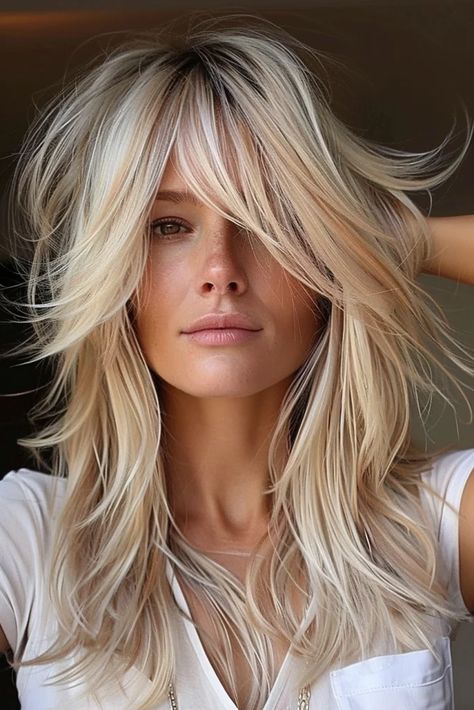 Long Length Shag Haircuts With Bangs, Long Layered Hair With Middle Part, Heavy Baylage Blonde, Middle Part Hairstyles Curtain Bangs, Long Hair With Chunky Layers, Long Parted Bangs, Face Framed Bangs, Blonde Medium Hair With Bangs, Medium Length Hair Long Bangs