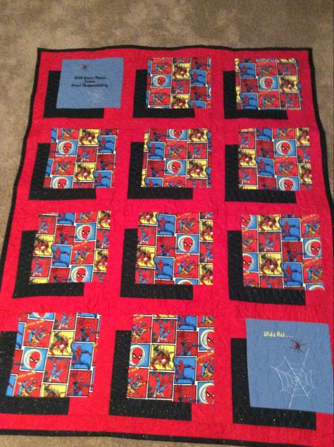 Superhero Quilt Ideas, Spider Man Quilt, Spiderman Quilt Pattern, Spiderman Quilt Ideas, Spiderman Quilt, Shadow Box Quilt, Marvel Quilt, Novelty Quilts, Superhero Quilt