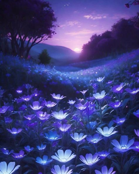 Blue Flower Field, Evening Flowers, Flower Scenery, Night Background, Night Flowers, Pretty Backgrounds, Night Landscape, Cute Simple Wallpapers, Fantasy City