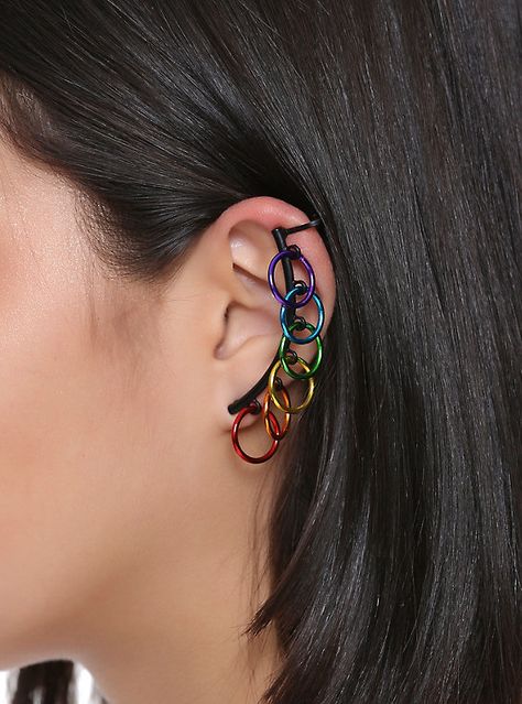 Blackheart Rainbow Faux Piercing Cuff Ear Climber, Jewelry For Guys, Goth Costume, Hot Topic Jewelry, Faux Piercing, Rainbow Face, Face Piercings, Multiple Ear Piercings, Cute Ear Piercings, Anime Jewelry