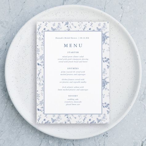 Blue Menu Wedding, Something Blue Rehearsal Dinner, Engagement Party Menu, Drink Wedding, Rustic Wedding Menu, Wedding Table Menus, Blue Menu, Simple Calligraphy, Bridal Shower Menu