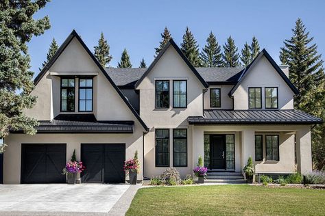 Lakeview Village Estate Home — Veranda Estate Homes | Custom Home Builder Calgary American Homes Exterior, Veranda Estate Homes, Modern Exteriors, Poppy Lane, House Renos, Two Sided Fireplace, Natural Stone Countertops, Modern Farmhouse Exterior, Farmhouse Exterior