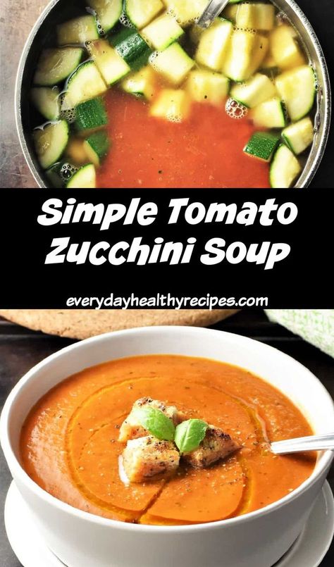 Making tomato zucchini soup in pot and side view of creamy soup with croutons and spoon in white bowl. Pot Luck Ideas, Zucchini Soup Recipes, Fresh Tomato Soup, Healthy Comfort Food Recipes, Dairy Free Soup, Zucchini Soup, Quick And Easy Soup, Dairy Free Breakfasts, School Recipes