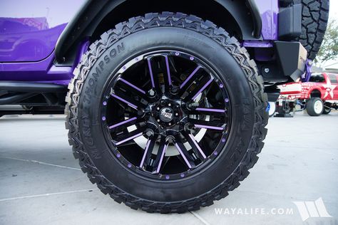 Black Jeep With Purple Accents, Jeep Wrangler Rims, All Black Jeep, Jeep Rims, Black Jeep Wrangler, Jeep Zj, Purple Jeep, Car Paint Jobs, White Jeep