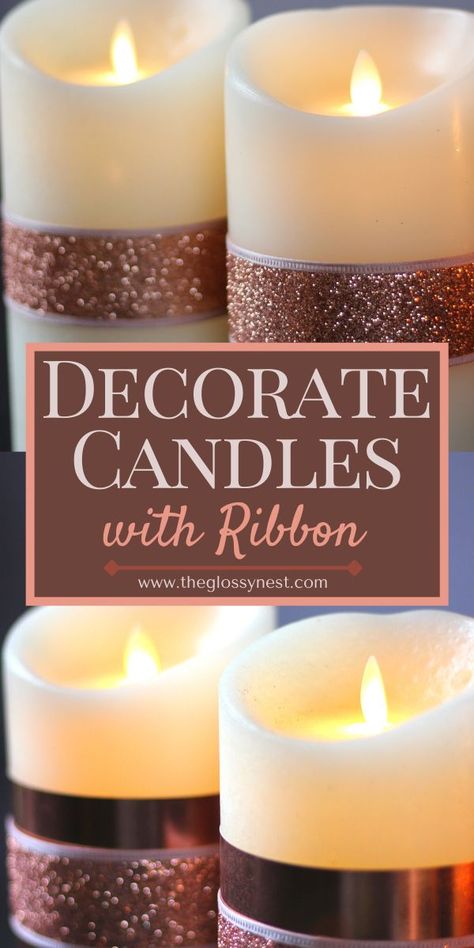 Flameless Candles Decorating Ideas, Homemade Jar Candles, Candle With Ribbon, Flameless Candle Decor, Pillar Candles Diy, Flowers Tissue Paper, Decorate Candles, Pillar Decorations, Pillar Candle Decor