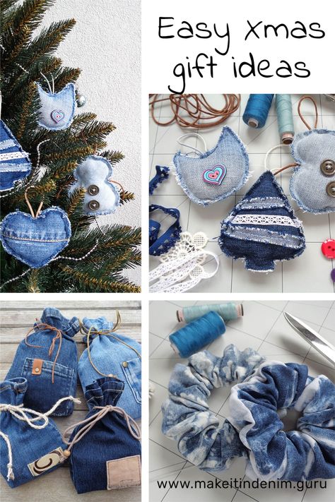 Denim Ornaments, Jean Crafts Ideas, Kersfees Idees, Denim Sewing, Upcycled Denim Diy, Diy Jeans Crafts, Stockings Diy, Denim Christmas, Small Diy Gifts