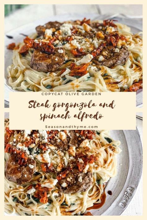 Steak Gorgonzola, Gorgonzola Recipes, Creamy Alfredo Sauce, Spinach Alfredo, Mignon Steak, Olive Garden Copycat, Steak Pasta, Tender Steak, Gorgonzola Cheese