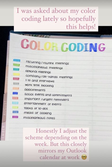 College Planner Organization Color Code, Outlook Color Categories, Color Coding Calendar, Time Blocking With Outlook, Calendar Organization Color Coded, Color Code Calendar, Admin Assistant Organization, Work Notes Organization Ideas, Outlook Calendar Organization