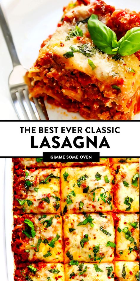 The BEST lasagna recipe!!! It's made with an unbelievably rich meat marinara sauce, three kinds of cheese, lots of herbs, and a few secret ingredients. It's total Italian comfort food, and a fantastic make ahead or freezer-friendly dinner recipe too. | gimmesomeoven.com #lasagna #italian #pasta #dinner #comfortfood #freezermeals #casserole The Best Lasagna, Best Lasagna, Best Lasagna Recipe, Easy Lasagna Recipe, Italian Comfort Food, Classic Lasagna, Ground Italian Sausage, Gimme Some Oven, Kinds Of Cheese