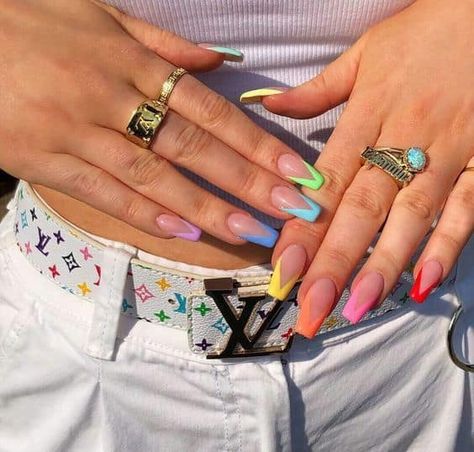 Spring Nails 2023 Long, Colored French Nails, Pastel Color Nails, Ongles Gel French, Spring Nails 2023, Rave Nails, 2023 Images, French Tip Nail Designs, Summer Nail Art